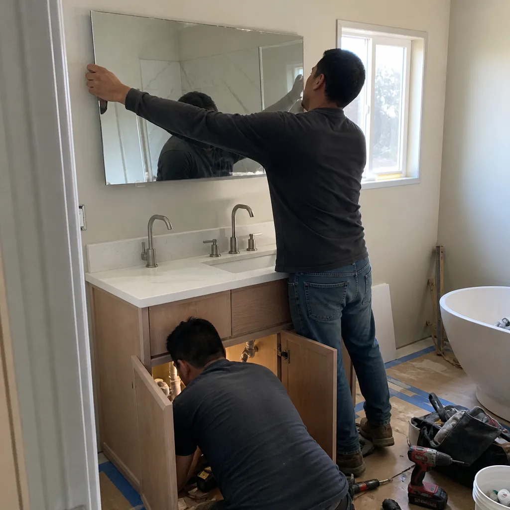 Contractors performing a professional bathroom remodel including mirror installation and plumbing.