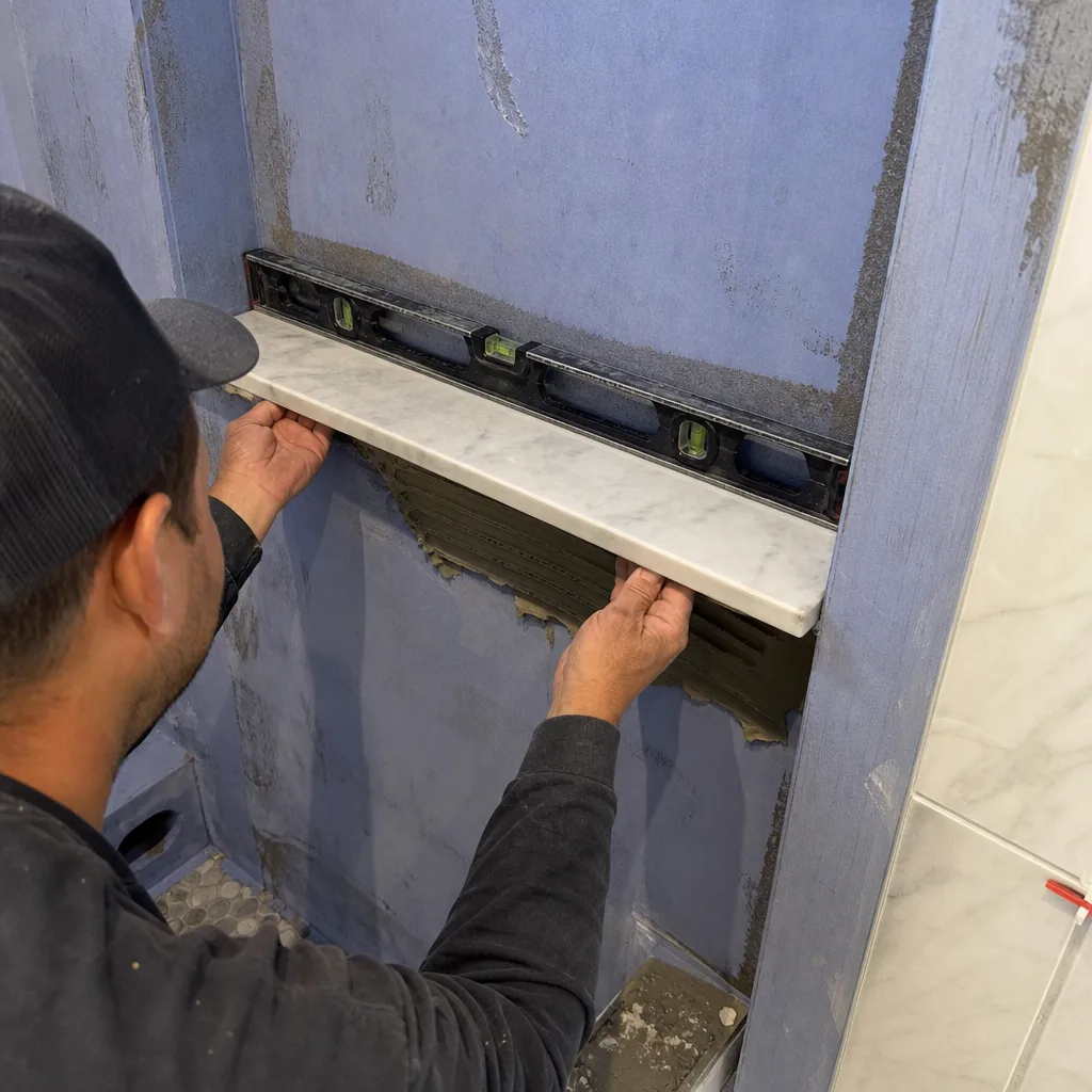Professional contractor installing a marble shower shelf during bathroom remodeling.