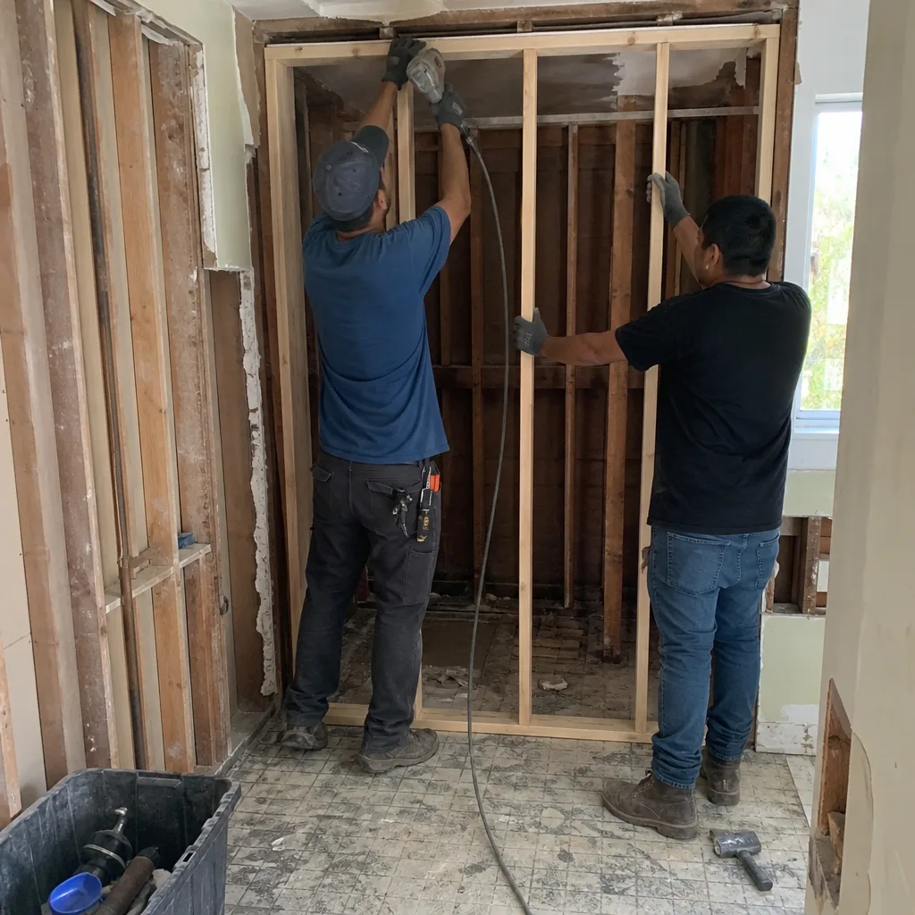 Contractors framing a new wall during professional bathroom remodeling construction