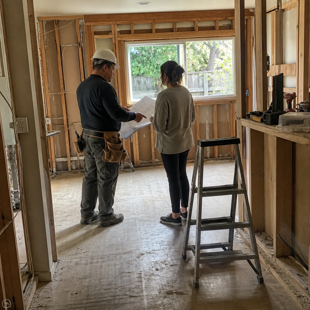 General contractor and client reviewing blueprints inside a home under construction