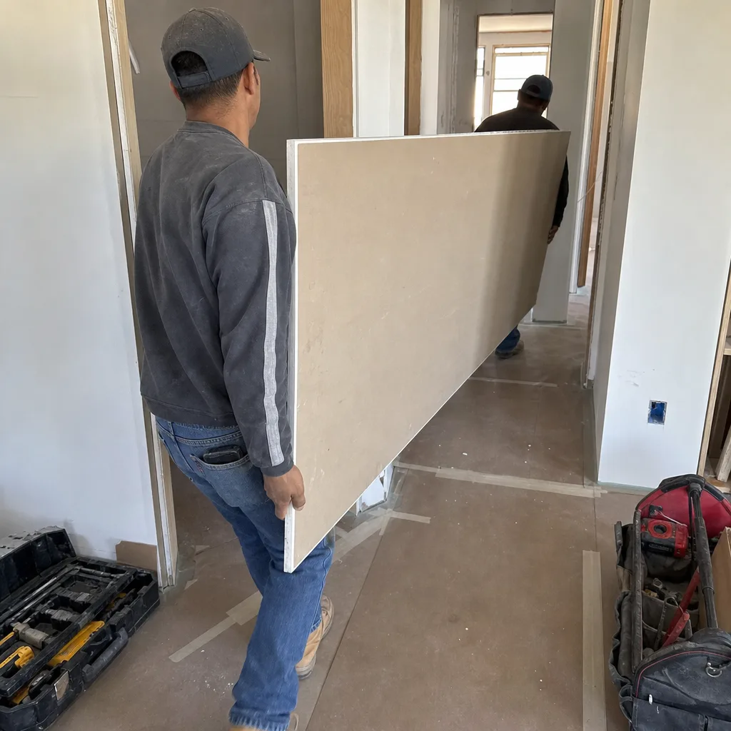 Contractors carrying a large drywall sheet on a residential construction site.