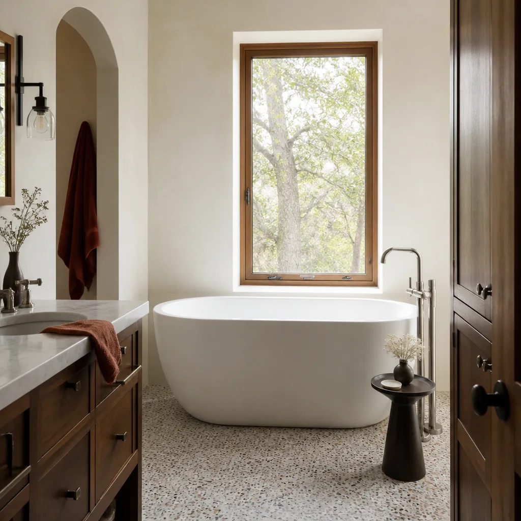 A freestanding soaking tub in a remodeled primary bathroom