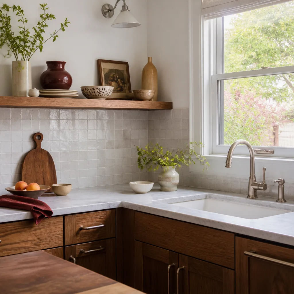 A stone counter, tile backsplash and open shelf after a kitchen remodel