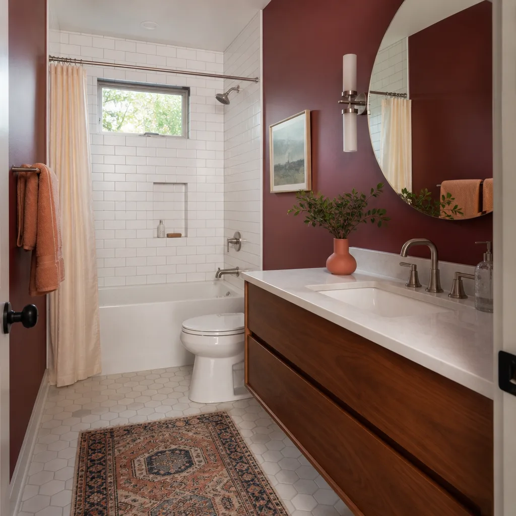 A remodeled hall bathroom with subway tile and a floating vanity