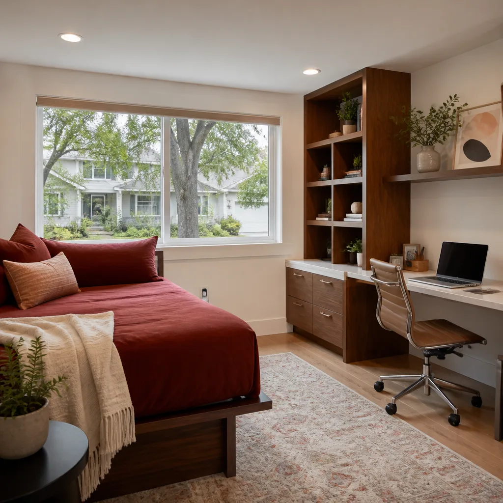 A garage converted into a guest room and home office